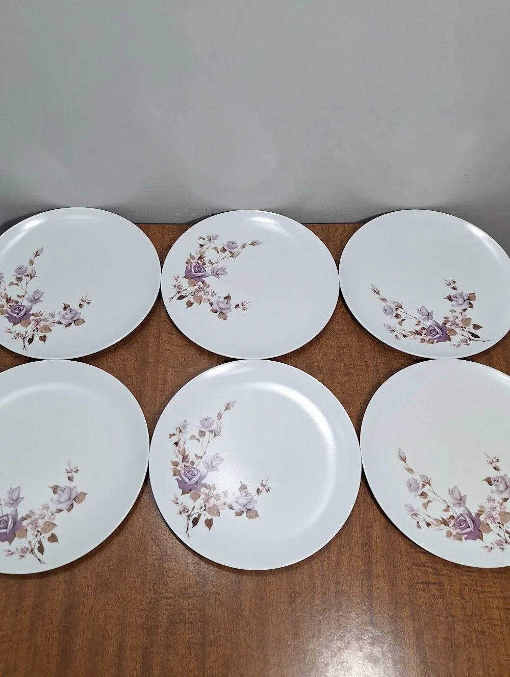 Vtg Set Of 6 Park Avenue Melmac 10 In Dinner Plates Atomic Lavendar Roses Floral